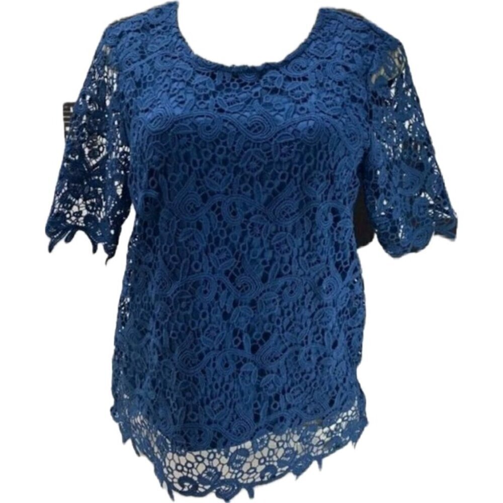 Philosophy S Blue Lace Crew Neckline Scallop Trim Lined Sheer Half Sleeve Blouse - Picture 2 of 6